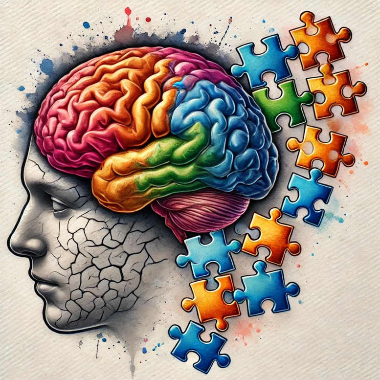 Brain in rainbow colors above a cracked grayscale head silhouette with blue, orange, and green puzzle pieces.