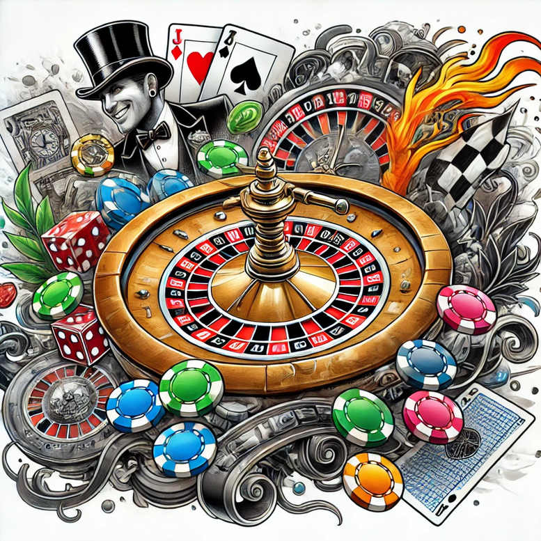 Roulette wheel in gold and red with black numbers; die, card, chip, flames, and a suited man in a top-hat, all in full color; tattoo project idea; not primarily a cover-up.