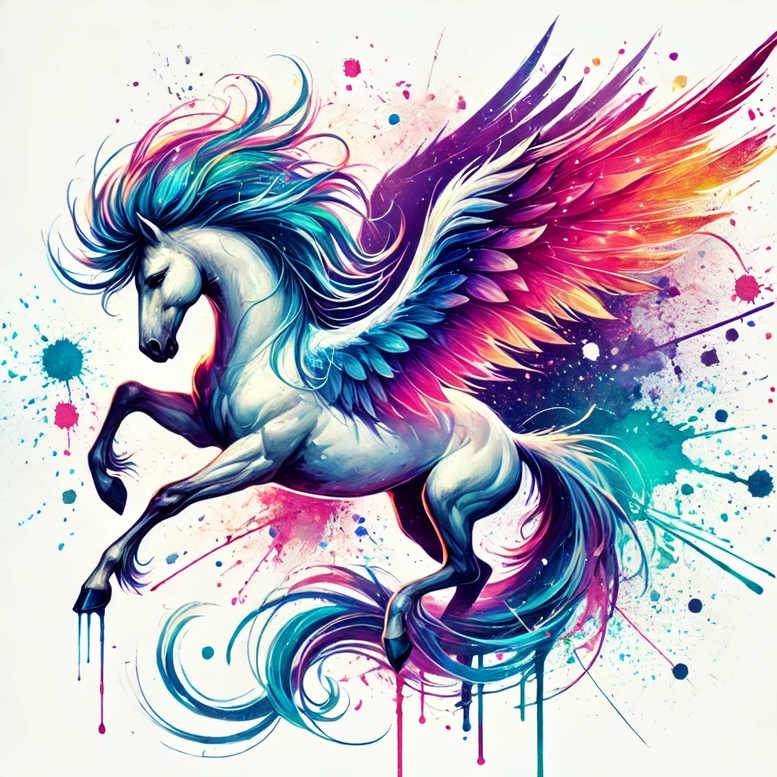 Unicorn with blue, teal, pink, and purple wings on white; full-color watercolor splatter pattern; AI-generated tattoo design concept; cover-up: not ideal.