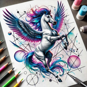 Unicorn, circle, and line elements in full color; AI-generated tattoo project featuring a winged unicorn with rainbow mane and geometric background; suitable for a cover-up.
