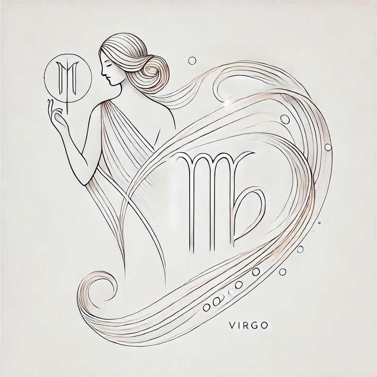 Woman, circle, Virgo glyph within flowing lines in black and grey; tattoo project concept.