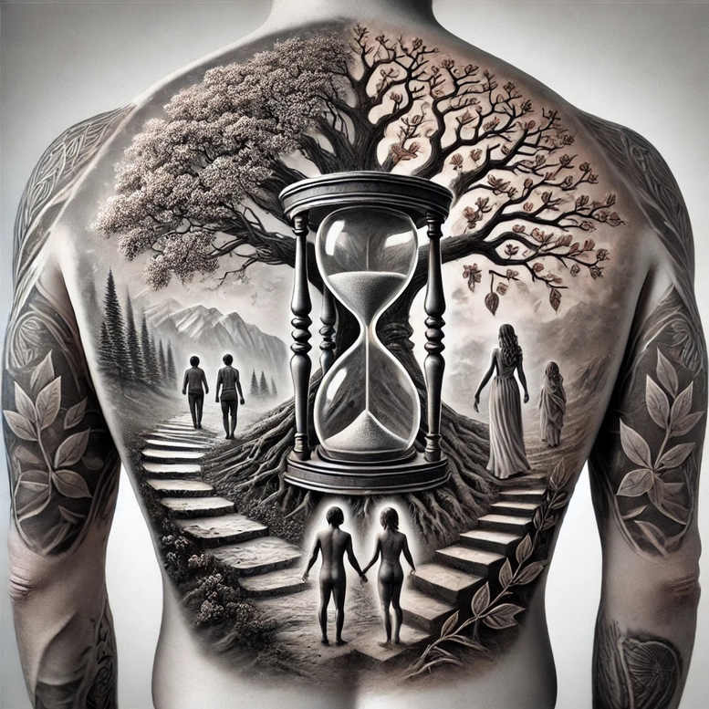 time-history-motif-realism-ink-layering-for-back – tattoo design ideas free ai generated – Gallery: watches-hourglass-inkby-ai