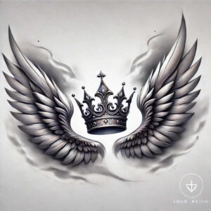Wing, crown, and smoke in black and grey; tattoo design project; suitable for cover-up.