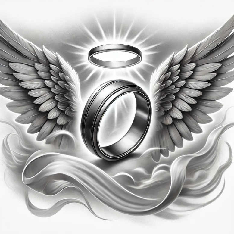 Black and grey wing, ring, halo, and flowing ribbon; tattoo idea, AI-generated concept, not designed for cover-up.