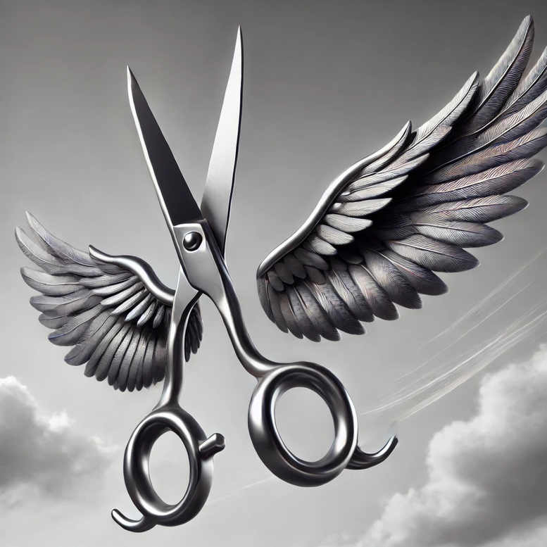 Scissors with wings in metallic black and grey; tattoo design project idea; not ideal for cover-up.