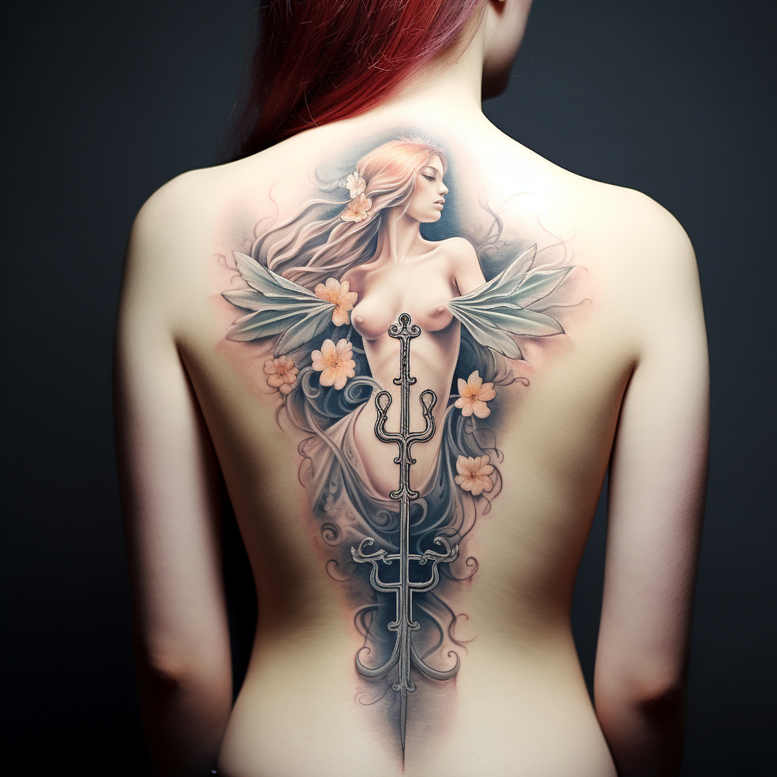 Back view of a tattooed woman with pale wings, peach flowers, and a vertical ornate sword motif; full color; project: final tattoo; cover-up: not ideal.