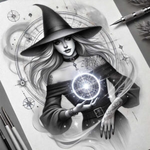 Witch portrait in black and grey with wide-brim hat, glowing orb, tattoos on shoulder and hand, and circular mandala patterns; cover-up-ready tattoo project.
