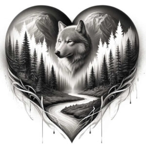 Wolf, forest, river, mountains, heart-shaped frame; black and grey; AI-generated tattoo project; cover-up suitable; pattern.