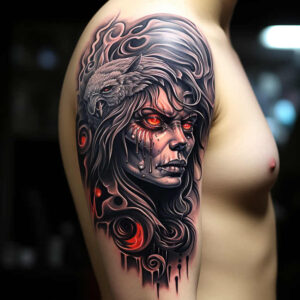 Woman and wolf tattoo on the upper arm in black and grey with red eyes; AI-generated tattoo project; cover-up ready.