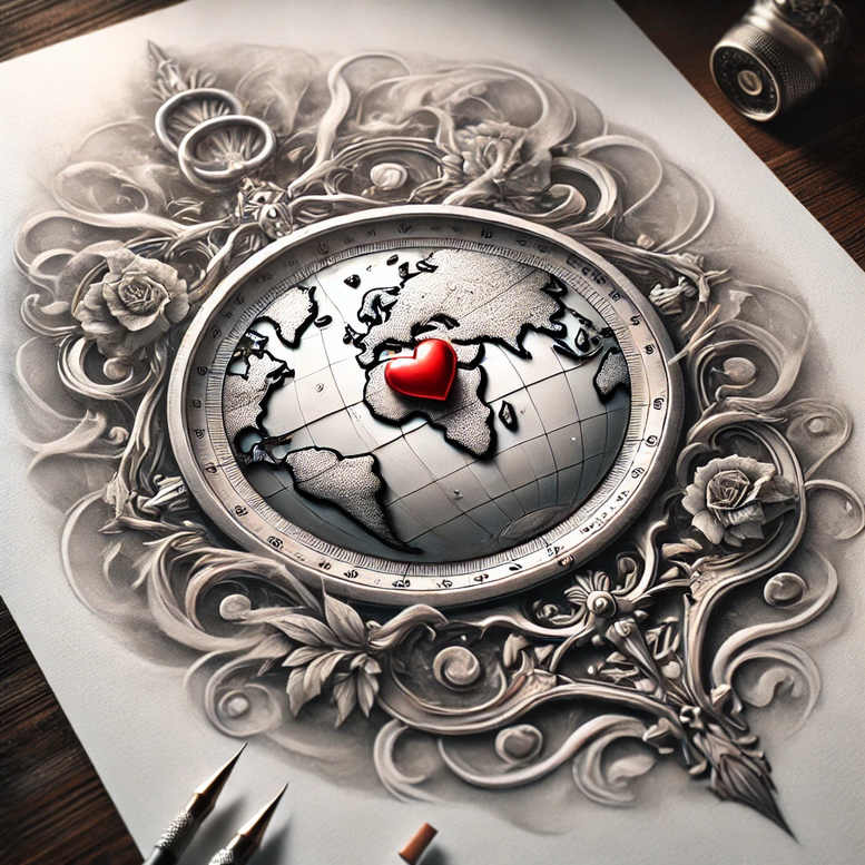 Black and grey tattoo design: ornate filigree frame around a circular globe with a map and a red heart; roses and shading; pencil tools nearby; project idea; cover-up potential.