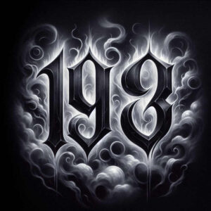 Dark background featuring bold black gothic numeral '1995' with white and grey smoke swirls; a black and grey tattoo project idea; suitable for cover-up.