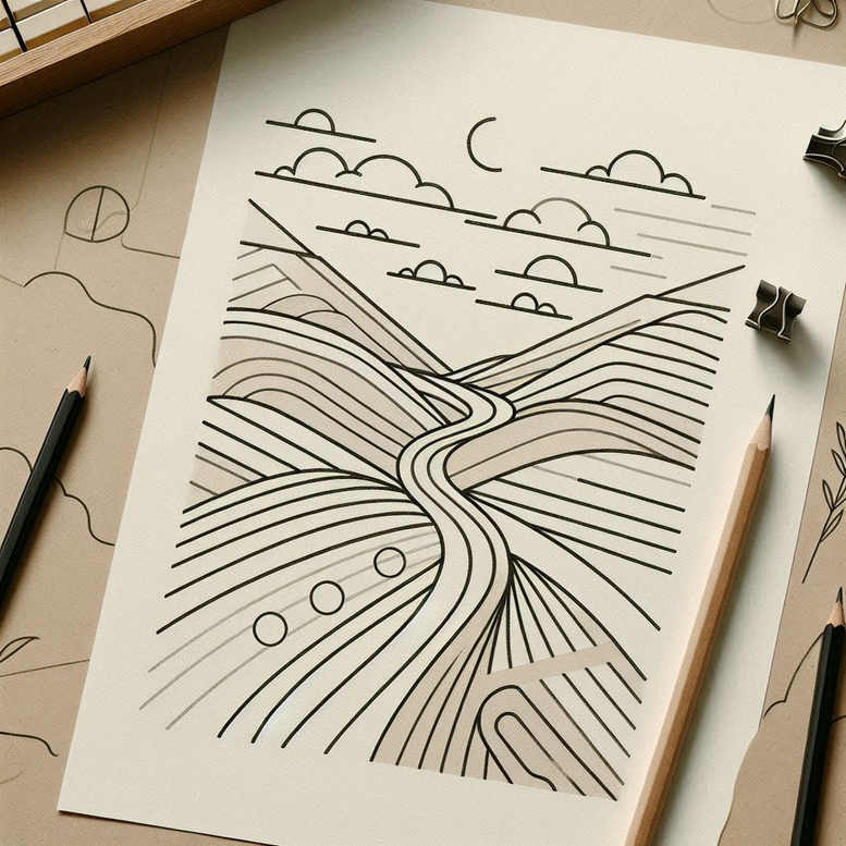 Black ink on white paper; visible elements include river, hill, cloud, moon, pencil, clip, and paper; project idea; not designed for cover-up.