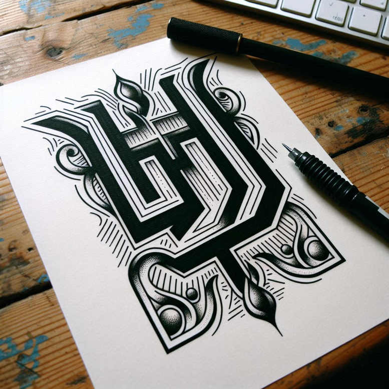 Paper with a black and grey ornamental monogram tattoo design sketch; marker; keyboard; wooden desk; tattoo project idea; not intended for cover-up.