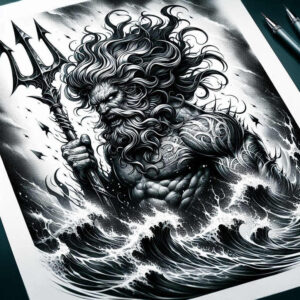 Black and gray Poseidon-inspired tattoo featuring a fierce trident slicing through crashing waves and storm clouds, a concept idea perfect for a cover-up.