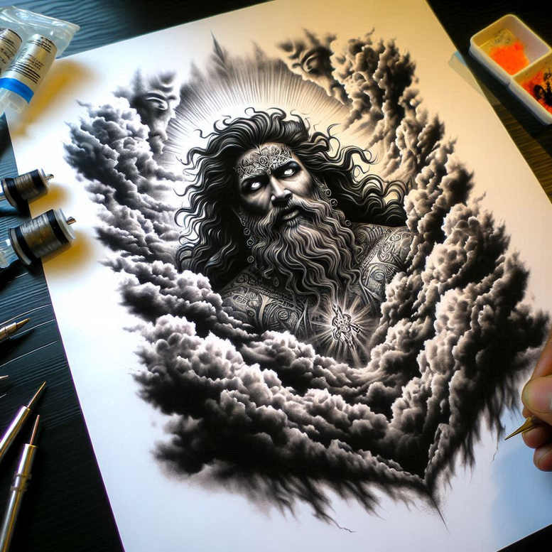 Bearded Yahweh figure surrounded by cloud formations in black and grey; concept tattoo design, project idea, ideal for cover-up.
