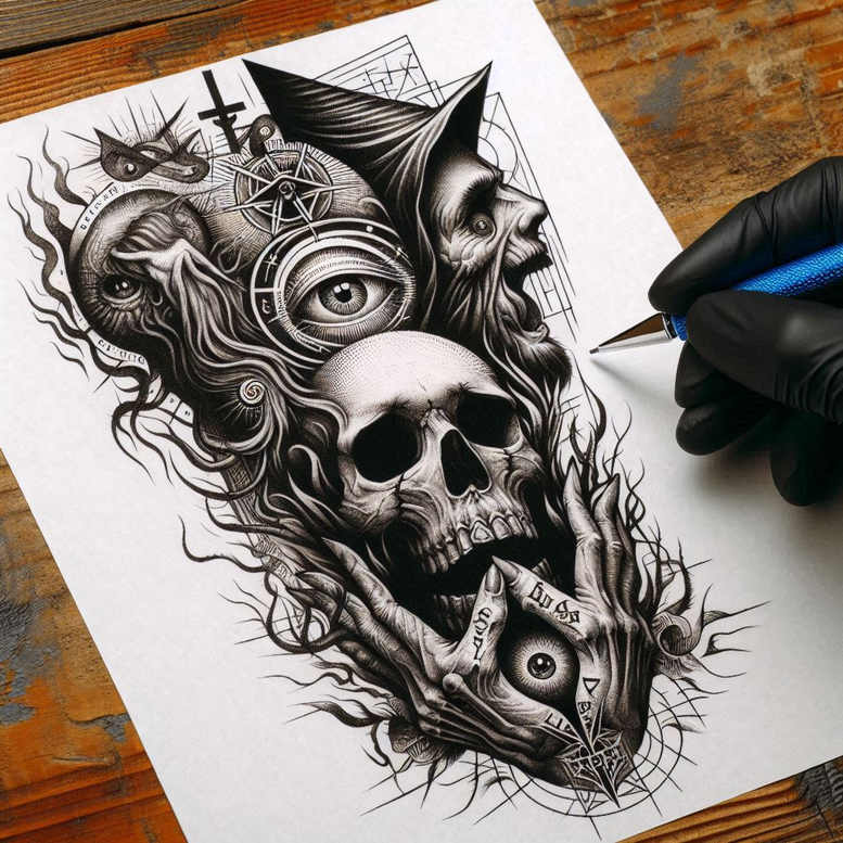Black and grey tattoo design featuring a skull, a detailed hand, an eye motif, compass and circular geometric elements; cover-up-ready tattoo project.