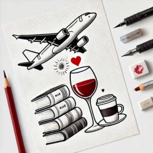 Airplane, book, wine glass, coffee cup, heart, sun, and pencil in black-and-white with red accents; tattoo project idea, not suitable for cover-up.