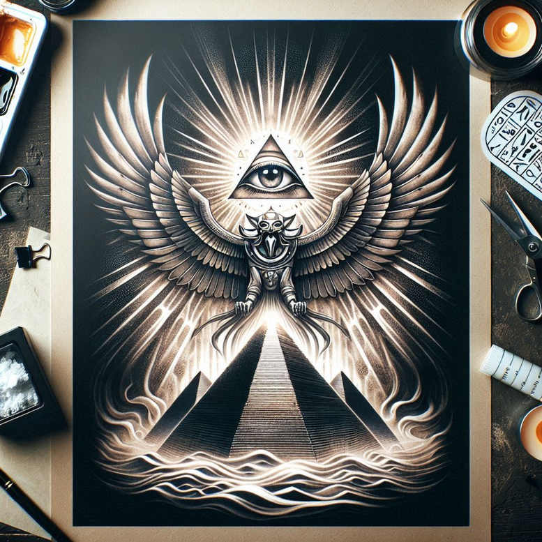 Black and grey Horus-inspired tattoo design featuring Eye of Horus within a pyramid, flanked by wings and radiant lines; a bold, cover-up ready idea.