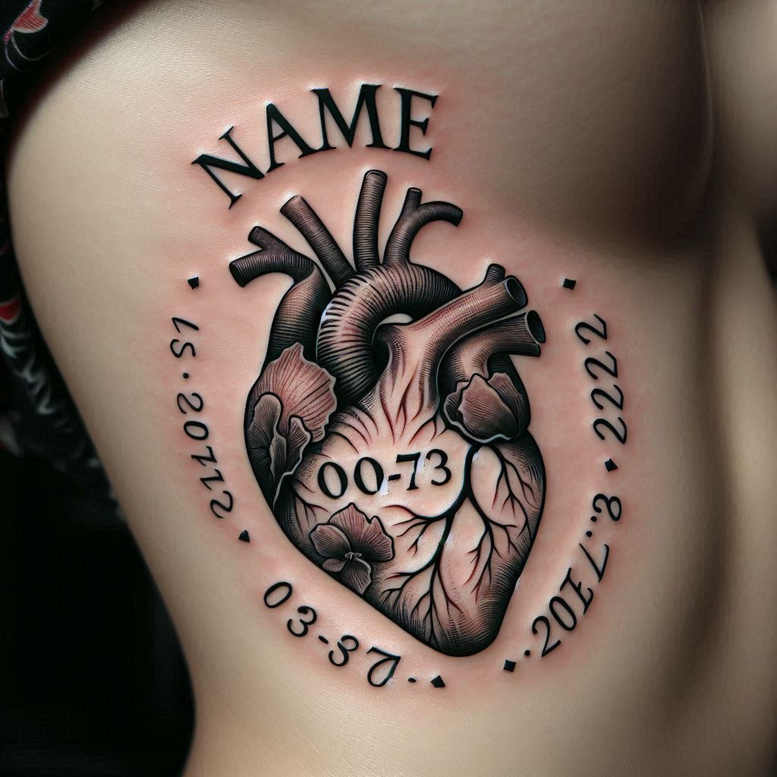 Heart and flowers with NAME text and circular date ring in black and grey; AI-generated tattoo project; suitable for cover-up.