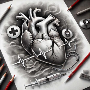 Heart, stethoscope, syringe, medical cross badge, rose, smoke, and ECG line; black and grey; tattoo project; cover-up suitable.