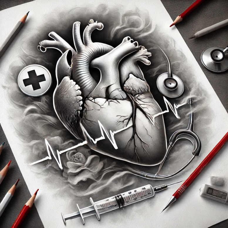 Heart, stethoscope, syringe, medical cross badge, rose, smoke, and ECG line; black and grey; tattoo project; cover-up suitable.