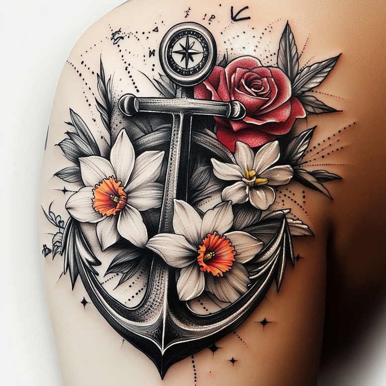 Anchor in black and grey with a compass above, a red rose, white daffodils with orange centers, and grey leaves; tattoo project idea; suitable for a cover-up.