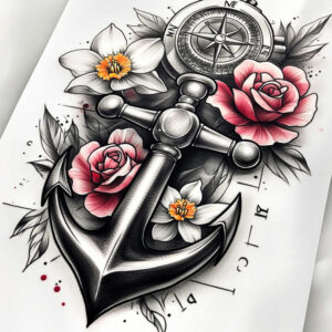 Anchor, compass, pink roses, white daffodil with orange center, and leaves in black-and-grey shading; tattoo project; cover-up suitable.