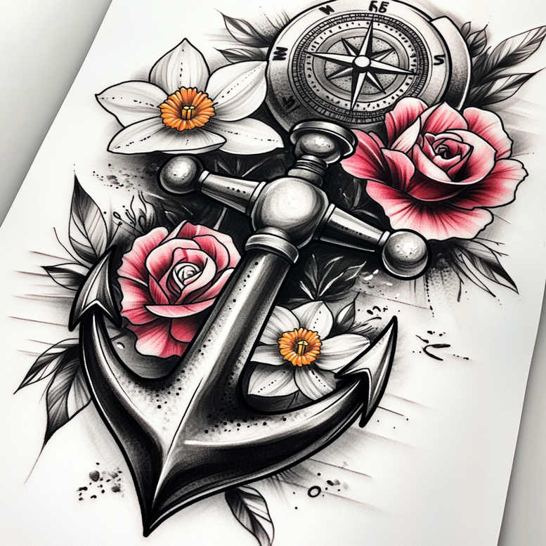 Anchor in black and grey with pink roses, white daffodils (orange centers), compass rose, and leaves; tattoo project; cover-up suitable.