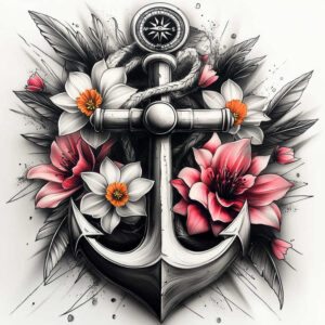 Anchor, rope, compass, and floral elements including daffodil and flower in black-and-grey ink with color accents.