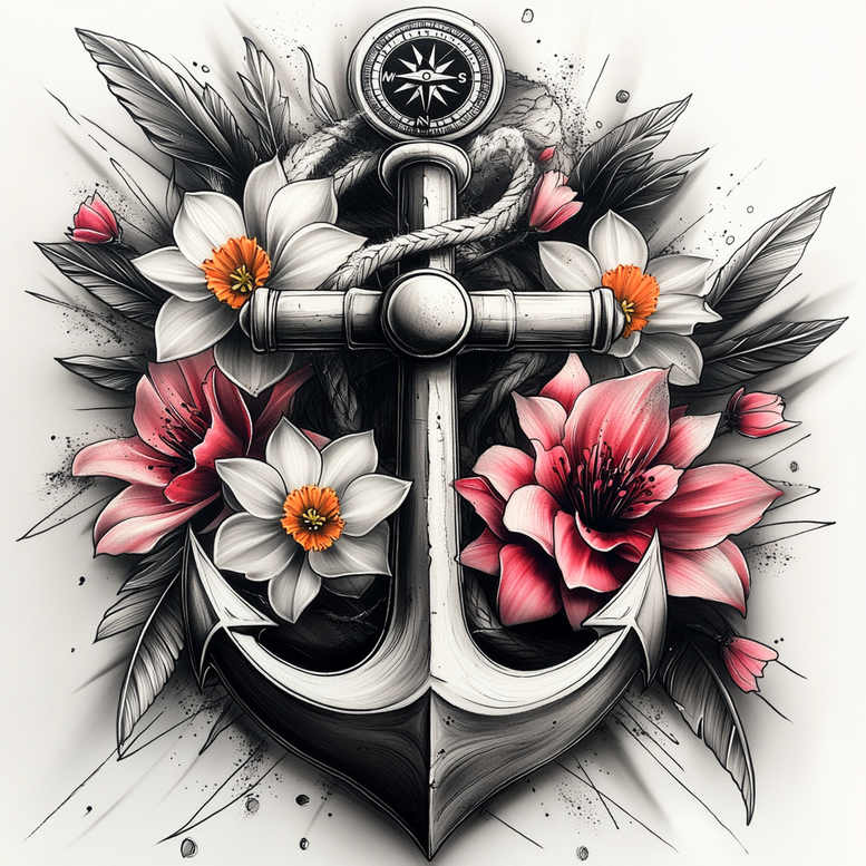 Anchor, rope, compass, and floral elements including daffodil and flower in black-and-grey ink with color accents.