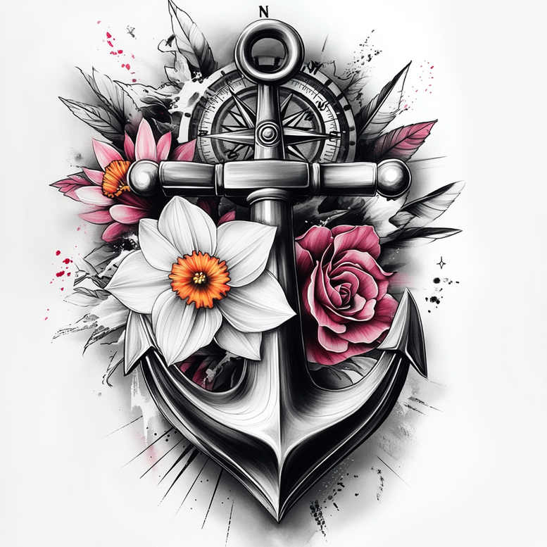 Anchor and compass in black and grey with white daffodil (orange center) and pink rose; visible elements: anchor, daffodil, rose, compass; color accents; tattoo project idea; not a cover-up.