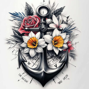 Anchor in black and grey, rose in pink, daffodil in white with yellow center, leaf in blue-grey; tattoo project idea; suitable for a cover-up.