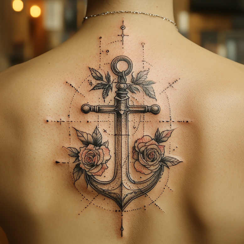 Anchor, rose, leaf, and geometric dotwork surrounding the back tattoo in black and grey; tattoo project idea; suitable for cover-up.