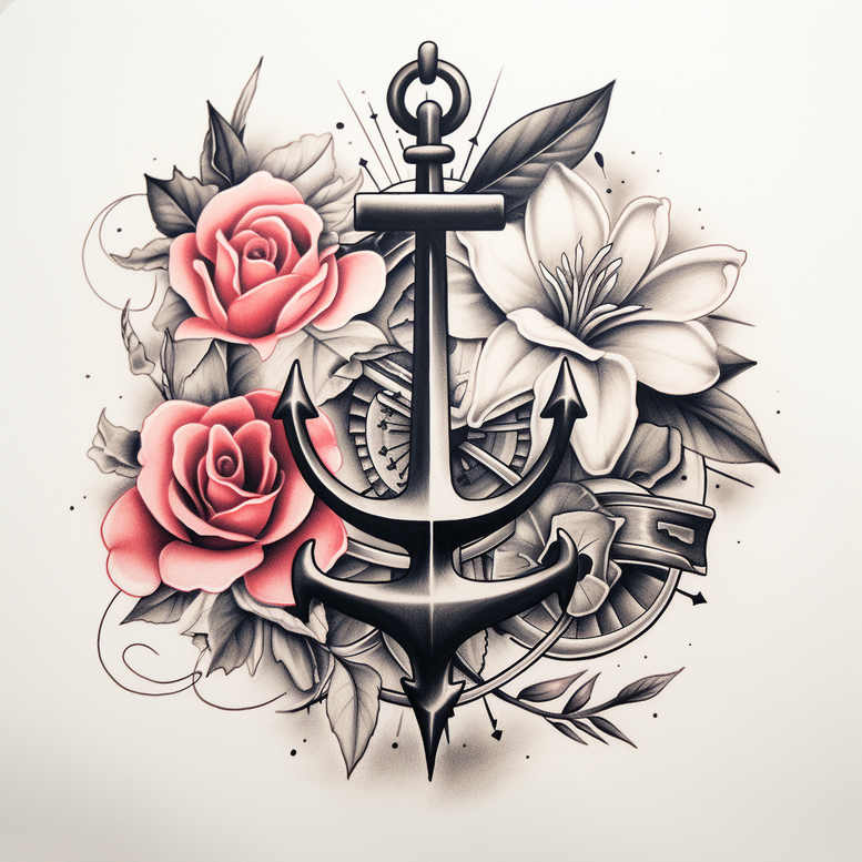 Black and grey anchor with pink roses, a white lily, leaves, and gear accents; tattoo design concept, suitable for a cover-up.