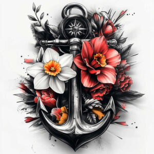 Black and grey anchor with white daffodil and red peony, dark leaves; tattoo project idea; not explicitly a cover-up.
