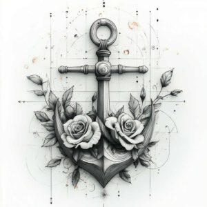 Anchor in black and grey with roses and leaves; tattoo pattern idea; project concept; not specifically for cover-up.