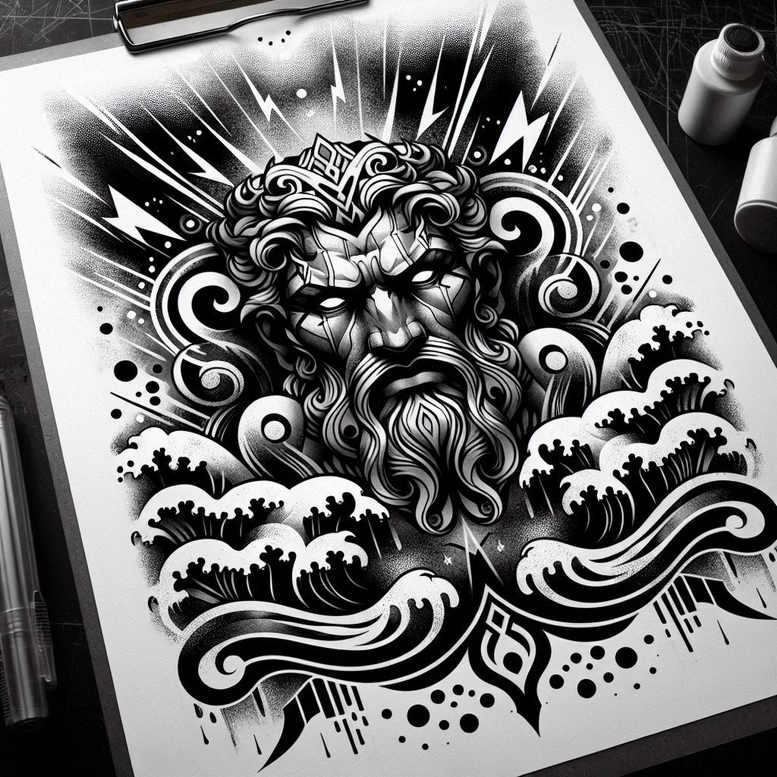 Bearded Poseidon-inspired god head framed by curling waves and sea foam in black and grey ink; concept design, with heavy shading suitable for cover-up.