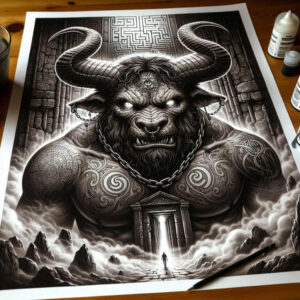 Dark, black-and-grey demon with horns, chains, and tattoos in a stone doorway amid mist and mountains; features a lone figure; ideal cover-up tattoo project.