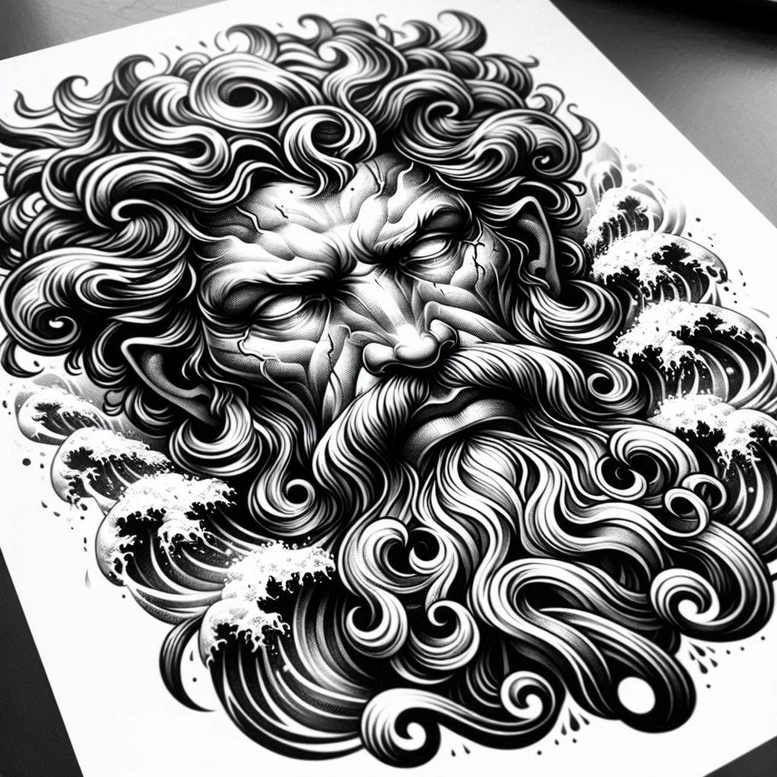 Black and grey portrait of an ancient sea god with flowing hair and crashing waves; tattoo design idea, suitable for cover-up.