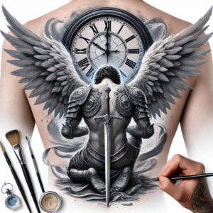 angel-tattoo-designs-ideas-ai-generated--modern-classic-heavenly-shield-for-shin