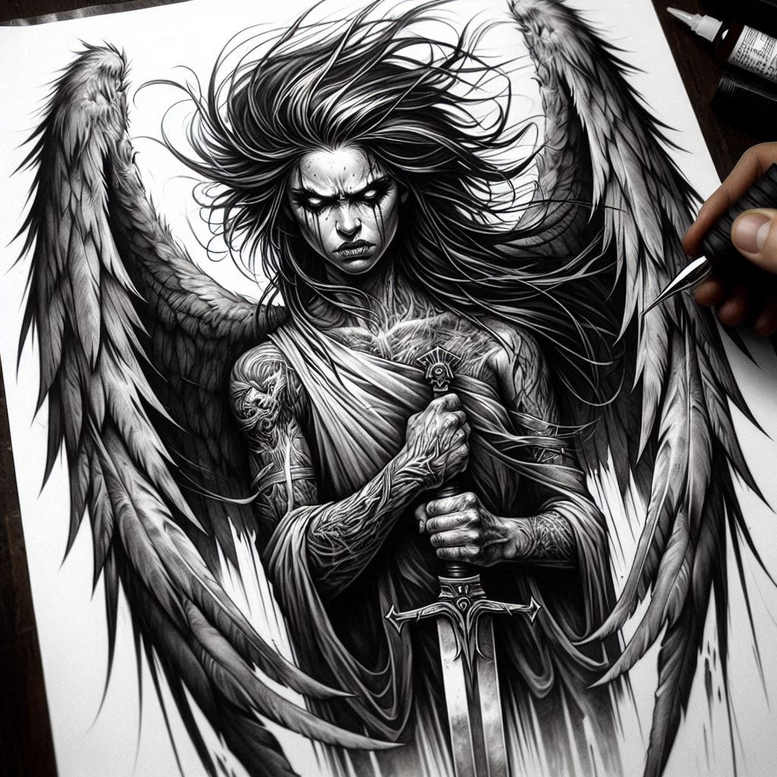 Angel with dark wings gripping a sword, wearing flowing robe; black and grey tattoo project, cover-up suitable.