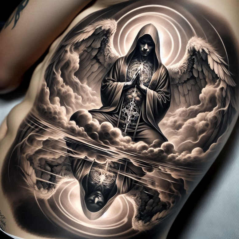 Angel in a dark hooded robe with large black and grey wings, clouds, halo, and cross pendant; tattoo project; cover-up suitable.