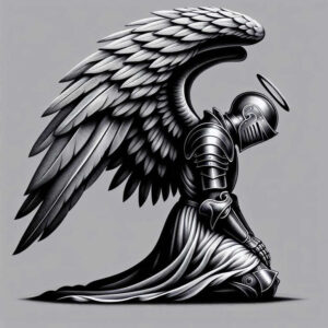 Black and grey kneeling armored knight with massive feather wings and halo; AI-generated tattoo project; ideal for cover-up.