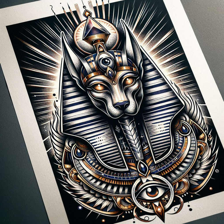 Black and grey tattoo design concept of an Anubis jackal wearing a ceremonial headdress and ornate collar with an Eye of Horus pendant; AI-generated concept; perfect for a cover-up.