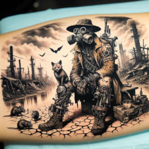 Man wearing a gas mask with a coat, cat on his knee, mouse at his feet, gun at his side, city ruins and cracked ground; black and grey tattoo project, suitable for a cover-up.