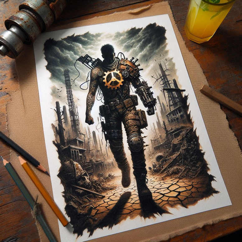 Warrior, armor, machinery, cog, ruin, city, ground; black and grey; tattoo project; cover-up suitable.