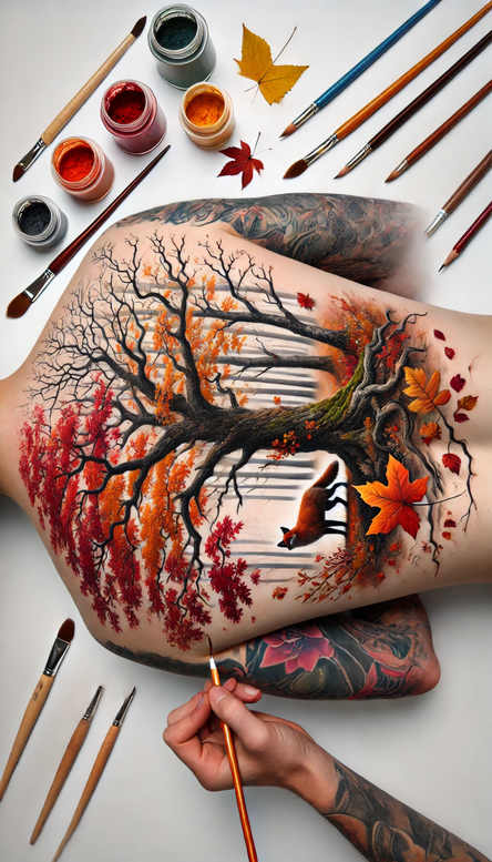 Tree with twisting branches and colorful autumn leaves on leg; full-color tattoo project idea; not specifically for cover-up.