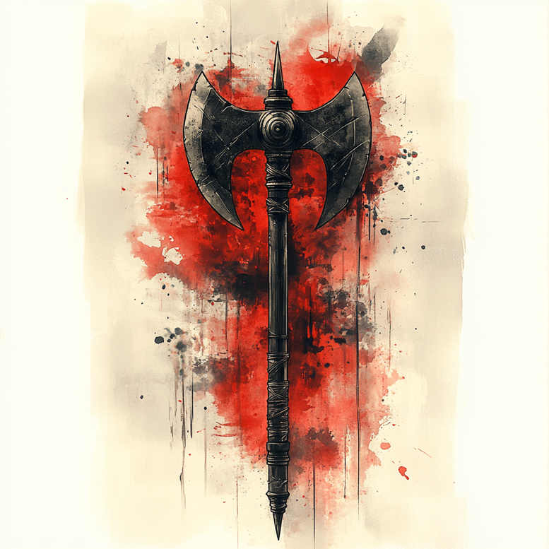 Black and grey axe illustration with a double-bladed head and wrapped shaft on a red watercolor splash; tattoo design concept, cover-up-ready.