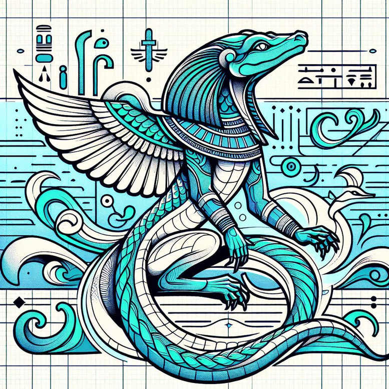 Colorful dragon with wings and a coiled tail on a light grid background, teal and blue scales with black shading, surrounded by stylized waves; tattoo project concept, not a cover-up.