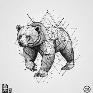 Bear in black and grey; fine-line geometric tattoo design; project; not suitable for cover-up.